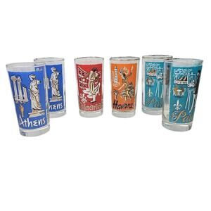 Set of 6 Vintage 60s Libbey International Cities World Highball Glass Barware